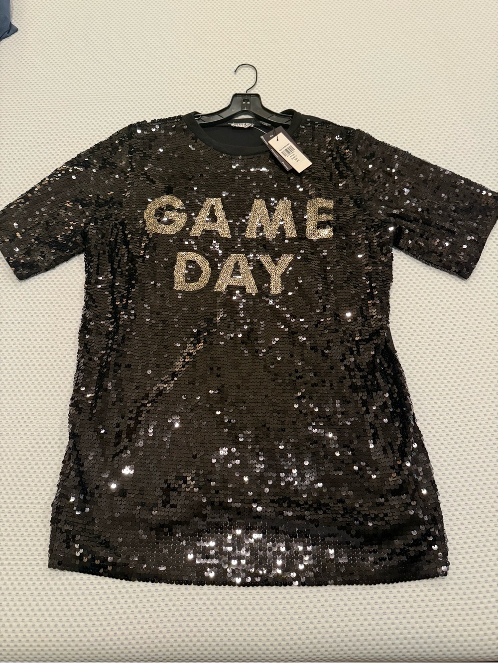 Why Sequin 'GAME DAY' Short Sleeve Top - Black & Gold O/S